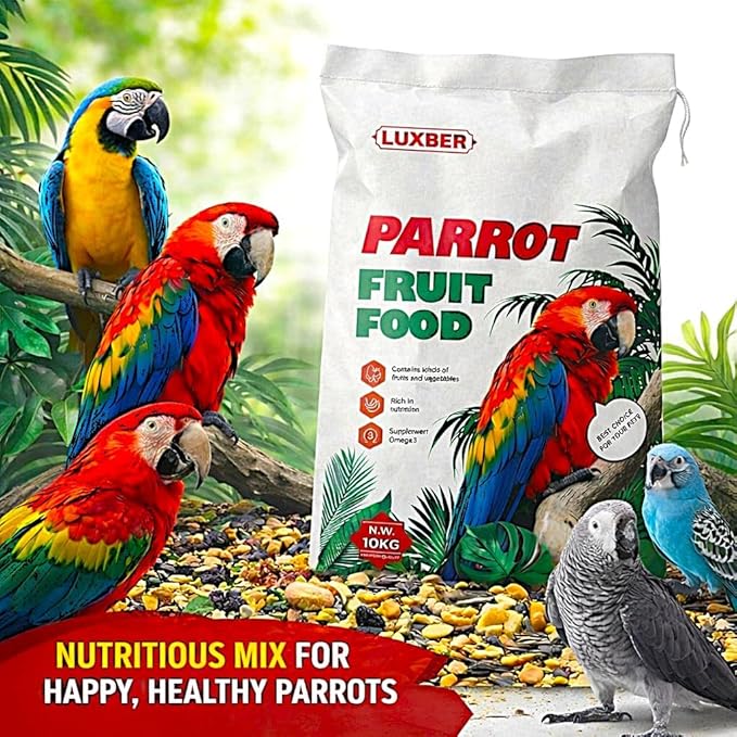 LUXBER Premium Parrot Fruit Food 10kg – Natural Blend of Fruits, Seeds & Nuts | Rich in Vitamins, Minerals & Omega-3 | Complete Daily Nutrition for Macaws, African Greys, Cockatoos & Other Pet Birds
