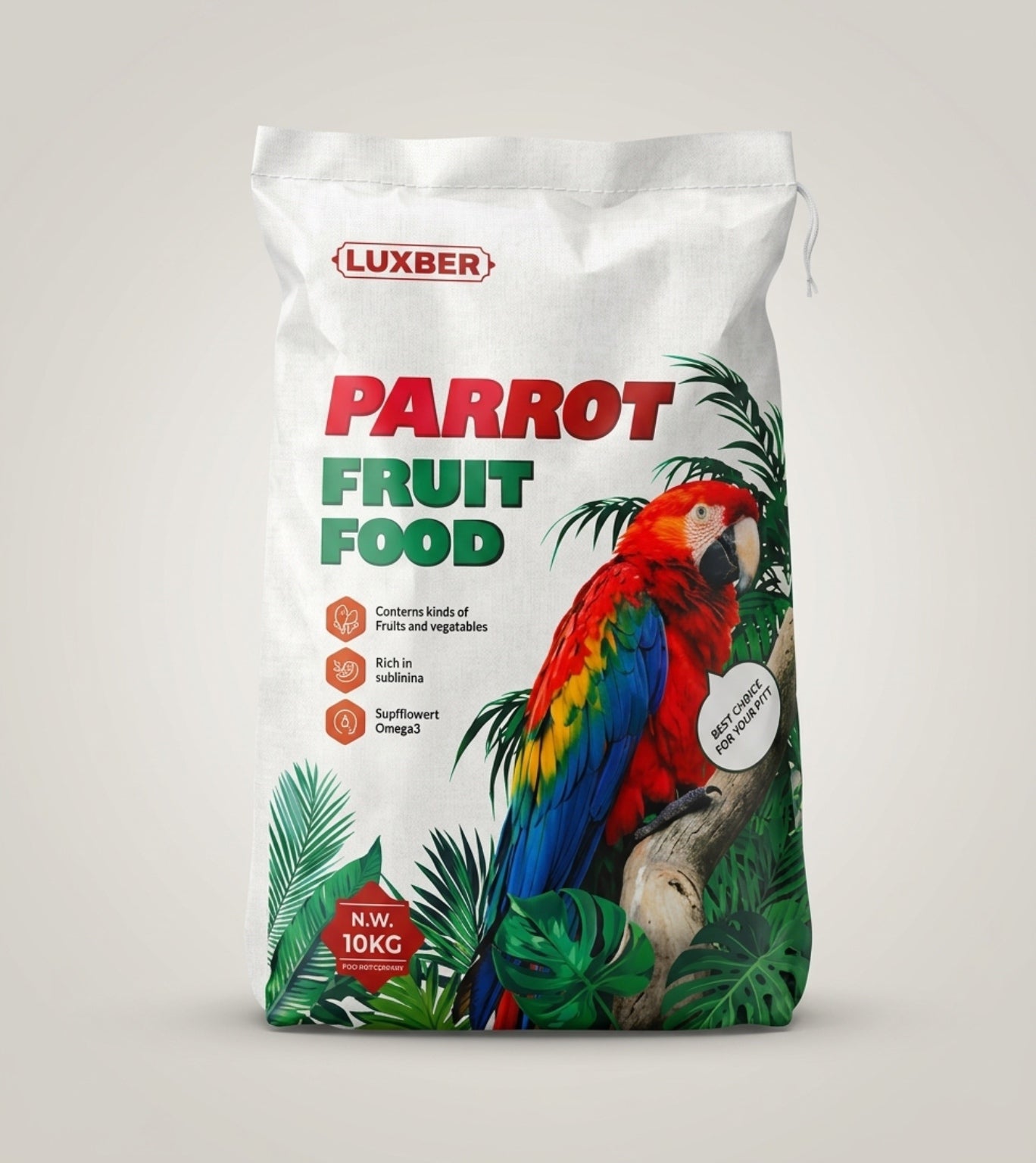LUXBER Premium Parrot Fruit Food 10kg – Natural Blend of Fruits, Seeds & Nuts | Rich in Vitamins, Minerals & Omega-3 | Complete Daily Nutrition for Macaws, African Greys, Cockatoos & Other Pet Birds