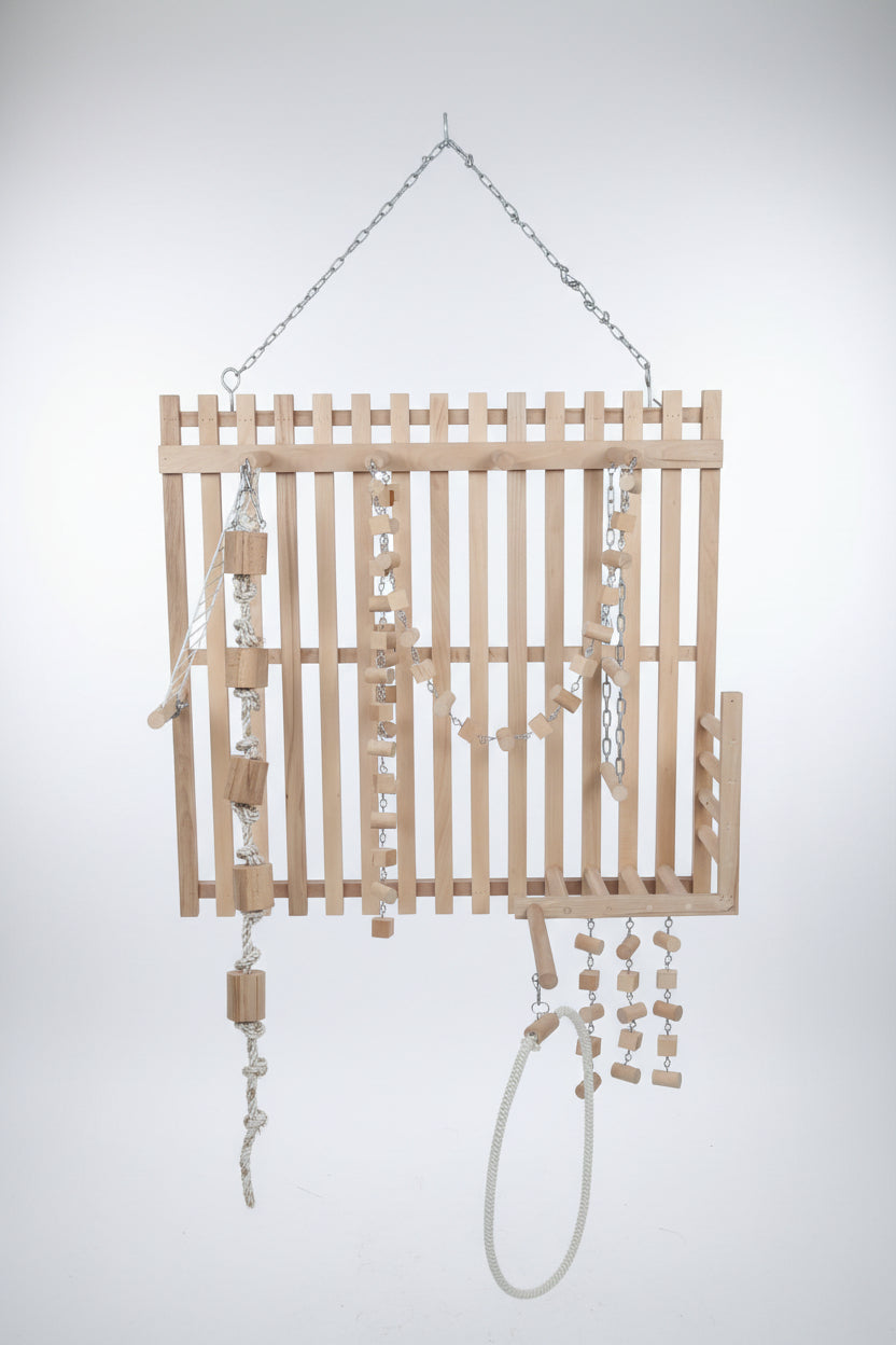 Natural Wood Hanging Bird Play Gym with Chew Chain Toys — Parrot Activity Stand