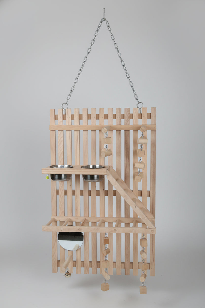 Natural Wood Hanging Bird Play Gym with Chew Chain Toys — Parrot Activity Stand